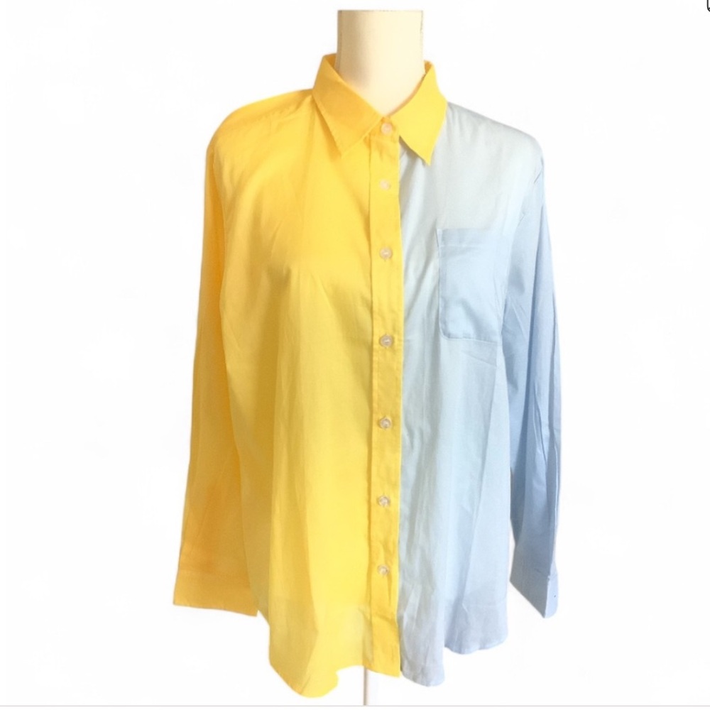 Katie Kime Brooklyn Button Down Yellow Blue Color Block Shirt Small New No Tag